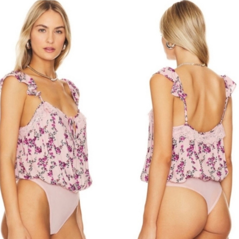 Free People Intimately "Take It Away" Pink Floral Ruffled Tie Front Bodysuit - Picture 7 of 14
